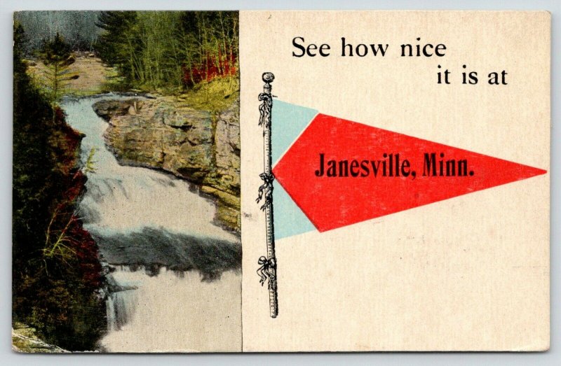 See How Nice it Is at Janesville Minnesota~Waterfall~1916 Pennant Postcard 