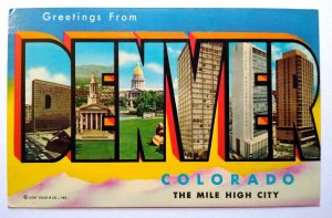 Greetings From Denver Colorado Large Letter Chrome Postcard Curt Teich Mile High