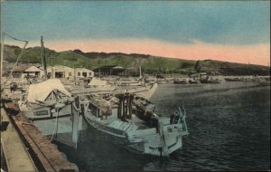 Honolulu Hawaii HI Blue Sampan Boats Fishing Fleet Hand Colored Postcard