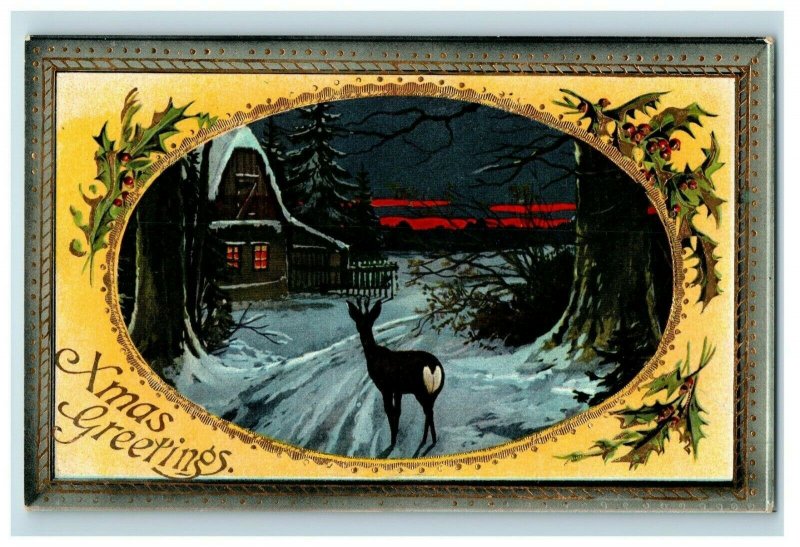 c.1910s Gel Christmas At Night Deer Gilt German Postcard F74