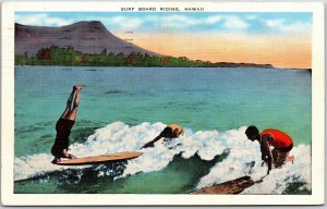 Honolulu T.H. Hawaii, 1939 Waikiki Beach, Surf Board Riding, Vintage Postcard