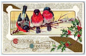 Christmas Postcard Greetings Song Birds Holly Berries Embossed Lewiston MN