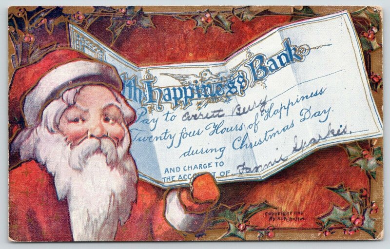 Christmas~Santa Holds Check from Bank of Happiness~Embossed~HI Robbins~1908 