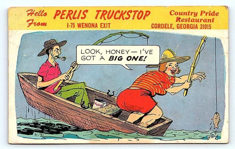 CORDELE, GA Georgia~ PERLIS TRUCK STOP Advertising Fishing Comic c1950s Postcard