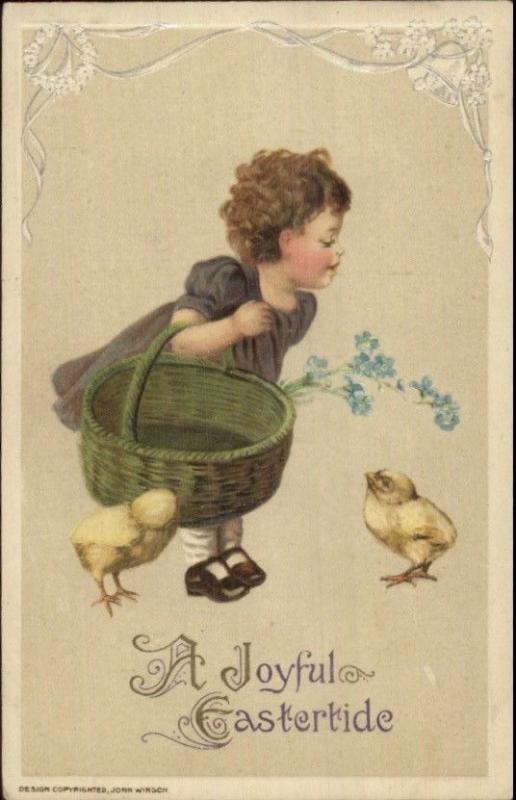 Easter - Little Girl Chicks & Basket c1910 WINSCH Postcard