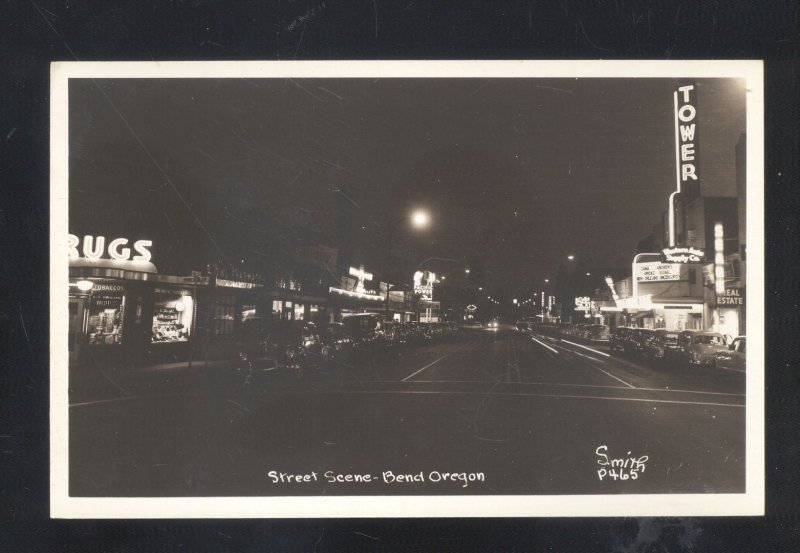 RPPC BEND OREGON DOWNTOWN STREET SCENE AT NIGHT REAL PHOTO POSTCARD