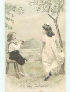 Unused Pre-1907 valentine CUTE GIRL DANCES TO FLUTE MUSIC PLAYED BY BOY k9139