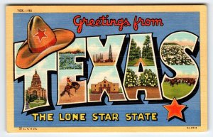 Greetings From Texas Large Big Letter Postcard Linen Curt Teich Cowboy Hat