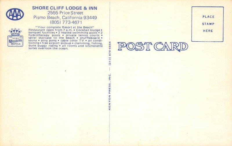 SHORE CLIFF LODGE & INN Pismo Beach, California ca 1960s Vintage Postcard