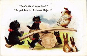 PC CATS, CATS AND RABBITS ON A SEESAW, Vintage Postcard (b46638)