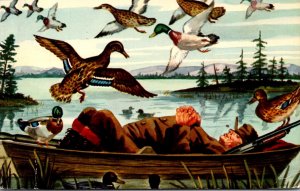 Humour What A Life Ducks Watching Duck Hunter Sleeping In Boat 1957