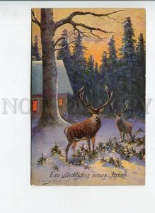 3170420 Winter HUNT Deer in Village by MULLER vintage SWSB PC