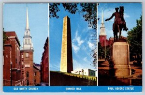 Old North Church, Bunker Hill, Paul Revere Statue, Boston MA, 1964 Postcard