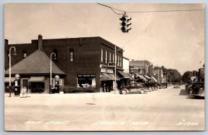 Standish MI Main Street & Drug Store~Upton & Wyatt Grocery~Nice Gas Pumps RPPC