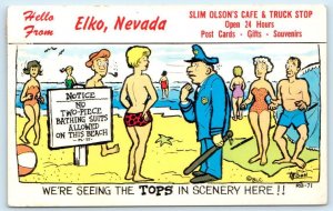 ELKO, NV ~ Comic Advertising SLIM OLSON'S CAFE & TRUCK STOP Risque 1967 Postcard