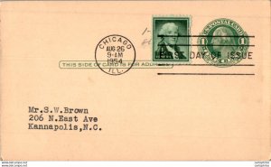 US Postal stationery 1c + 1c Chicago to kannapolis NC 1954