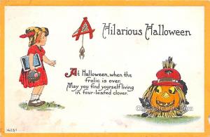 Halloween postal used unknown, Missing Stamp small paper chip right edge, lig...