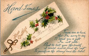 Vtg 1910s Xmas Greetings Hard Times Gift Tag Holly Embossed Christmas Postcard