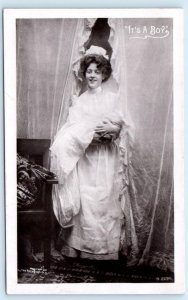 RPPC Rotograph Photo IT'S A BOY Newborn Baby with Mother/Nurse 1907 Postcard