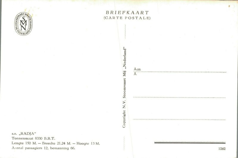 Nederlandsche Stoomboot Maatschappij m.s. Radja Ship Vintage RPPC BS.10