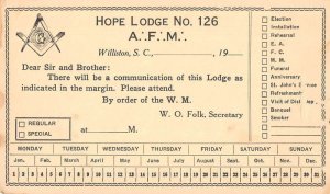 Wiliston South Carolina Hope Lodge Masonic Temple Meeting Postcard AA17927