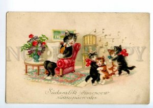 497606 Dressed CAT Family Kitten Dance RADIO player Vintage postcard