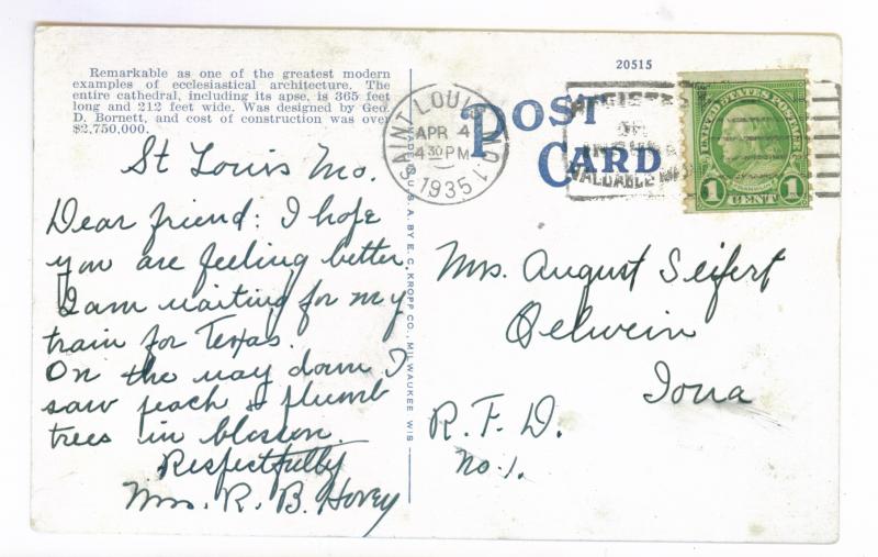 Saint Louis, Missouri to Oelwein, Iowa 1935 used Postcard, Catholic Cathedral