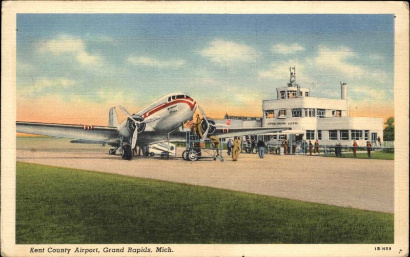 Grand Rapids Michigan MI Kent County Airport Airplane Linen Vintage Postcard