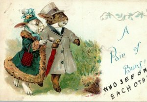 c1905 Easter Anthropomorphic Bunny Husband Wife Fur Coat Hat Romantic Postcard