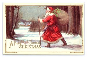 Postcard A Bright And Cheery Christmas Santa Claus Red Robe Sack Of Toys