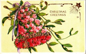 Vintage 1910's Christmas Antique Postcard  Featuring Rose Flowers Christmas Bell