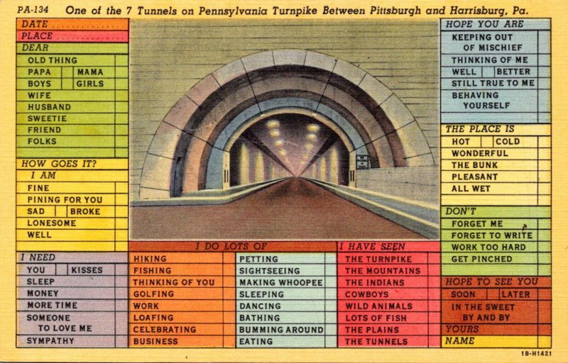 Humour Busy Person's Correspondence Card Pennsylvania Turnpike Tunnel Cu...