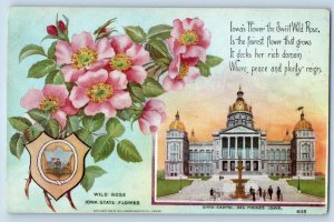 Des Moines Iowa IA Postcard State Capitol State Flower Poem c1910's Antique