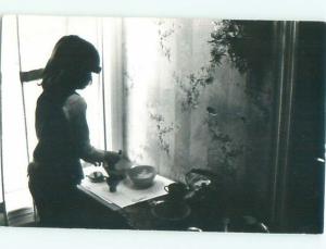 rppc Old SILHOUETTE OF GIRL BESIDE TEAPOT KETTLE AC8397