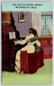 Cultivating Music in Okarche Oklahoma~Comic Pun~Couple at Piano~1913 Postcard