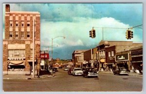 Stephenson Ave, Iron Mountain, Michigan, 1957 Postcard, Old Cars, Coca Cola Sign