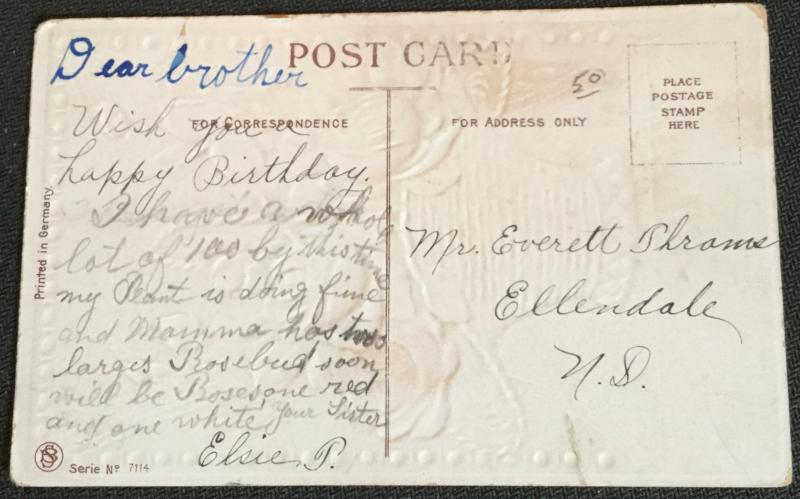Postcard Unused but addressed “A Happy Birthday” embossed Roses/Flower LB