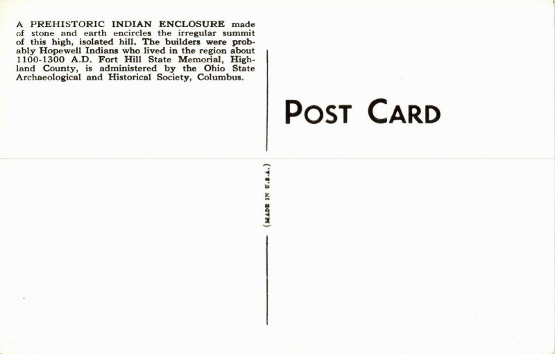 Prehistoric Indian Enclosure, Hopewell Indian Fort Hill Ohio Postcard N11