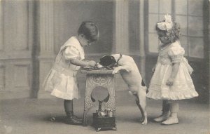 Children couple scene dog pet vintage postcard