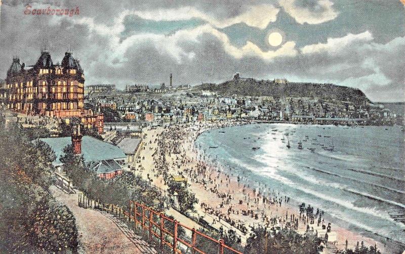 SCARBOROUGH YORKSHIRE UK~ MOON LIGHT VIEW OF THE BEACH POSTCARD 1908