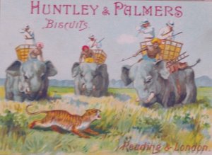 1800s Huntley & Palmers Biscuits Tiger Savanah Elephants Trade Card