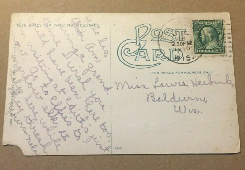 VINTAGE USED 1910 PENNY POSTCARD MT. SIMON, EAU CLAIRE, WISC. CREASED