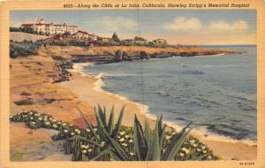 LA JOLLA CALIFORNIA ALONG CLIFFS~SCRIPPS MEMORIAL HOSPITAL POSTCARD 1941