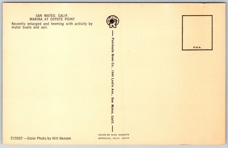 San Mateo California 1960s Postcard Marina Coyote Point Sailboats