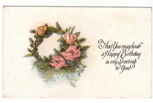 A Happy Birthday, Flowers, Wreath, Vintage Linen Greetings Postcard