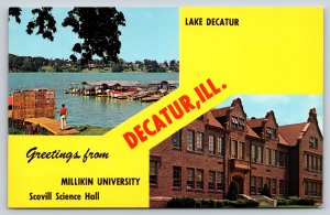 Banner~Greetings From Decatur Illinois~Lake & University Science Hall Scenes~PC