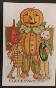 Unposted Mr. Jack-O'-Lantern and Vegetable People Halloween Postcard