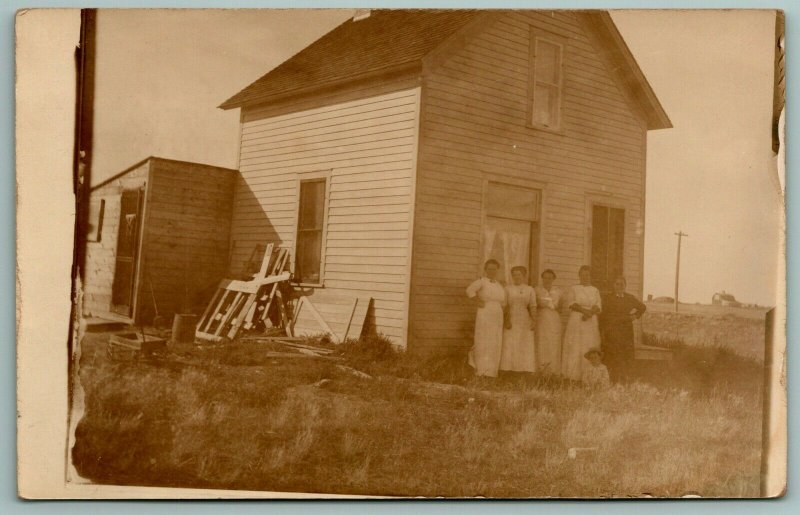 RPPC~Five Ladies & Little Boy @ Farm House~Lean-To Shed~Leftover Wood~Broom 1910