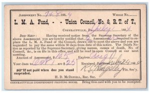 1884 L.M.A. Fund Union Council No. 8 R.T. of T Conneautville PA Postal Card 