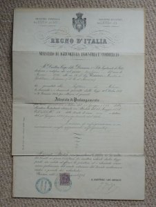 Italy, Patent for Refrigeration, Rome 1896 to Martin Wanner of Yorktown, U.S.A.